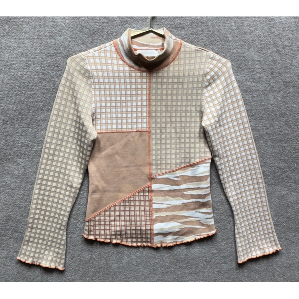 Jonathan Simkhai Shirt Xena Patchwork Knit Top Sz S Caramel Combo Mock Neck EUC